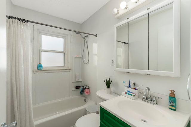 full bathroom with toilet, vanity, and shower / bathtub combination with curtain