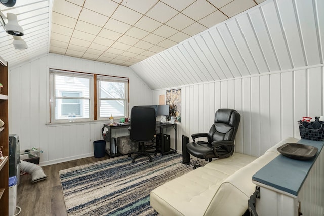 office area featuring lofted ceiling and wood finished floors