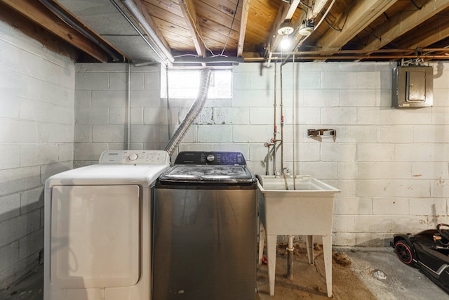 clothes washing area with electric panel, washer and dryer, a sink, and laundry area