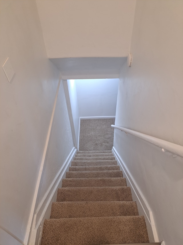 staircase featuring baseboards and carpet flooring