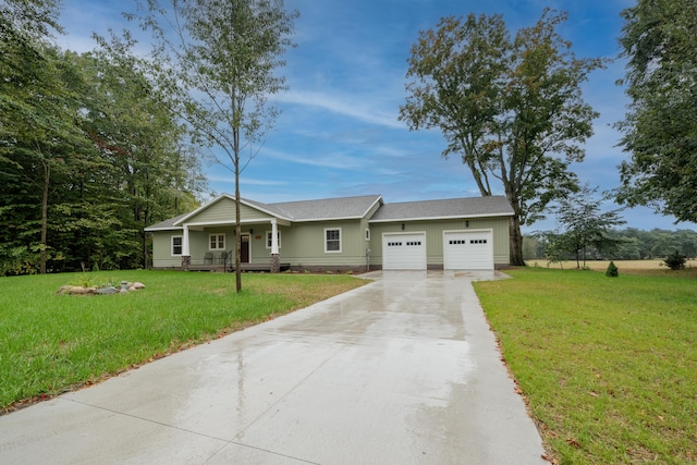 ranch-style house with driveway, a porch, roof with shingles, a front yard, and a garage