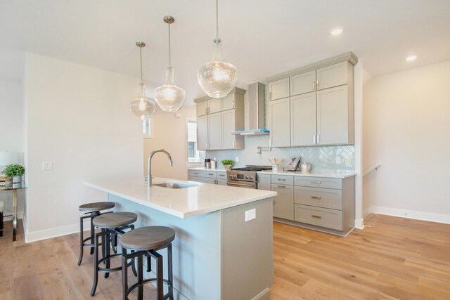 631 Fairview Ave NE Unit 3, Grand Rapids, MI 49503 - kitchen featuring wall chimney range hood, decorative backsplash, gray cabinets, high end range, and a sink