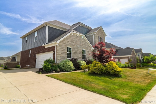2959 Montgomery Cir, Walled Lake, MI 48390 - view of front of house with concrete driveway, an attached garage, a front yard, and stone siding
