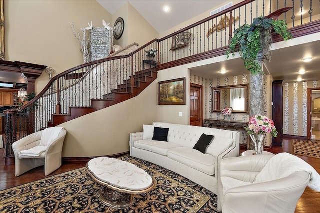1270 John R Rd, Rochester Hills, MI 48307 - living area with visible vents, wallpapered walls, stairs, and high vaulted ceiling