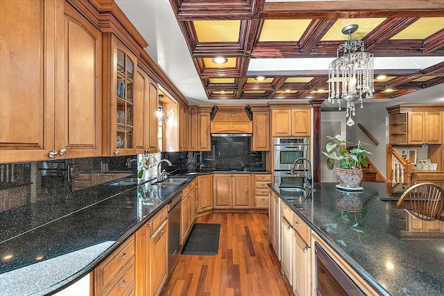 1270 John R Rd, Rochester Hills, MI 48307 - kitchen featuring stainless steel double oven, dark wood-style flooring, a sink, glass insert cabinets, and tasteful backsplash