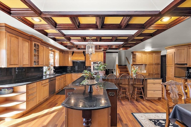 1270 John R Rd, Rochester Hills, MI 48307 - kitchen with light wood-type flooring, open shelves, a kitchen island, backsplash, and stainless steel appliances