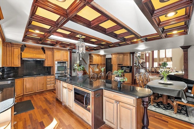 1270 John R Rd, Rochester Hills, MI 48307 - kitchen featuring a chandelier, appliances with stainless steel finishes, wood finished floors, coffered ceiling, and a sink