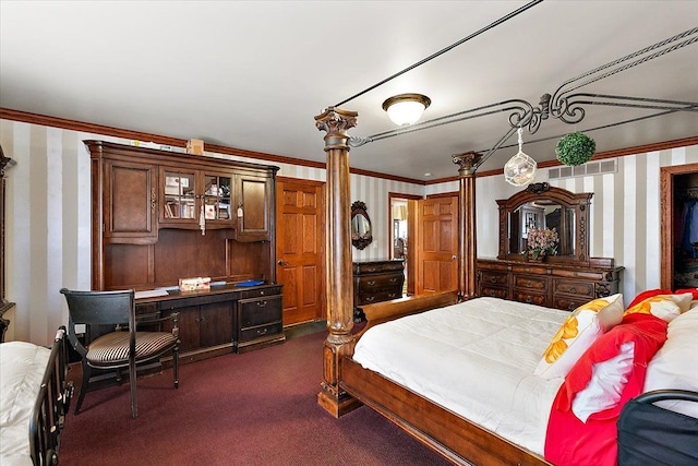 1270 John R Rd, Rochester Hills, MI 48307 - bedroom with dark carpet, wallpapered walls, and ornamental molding