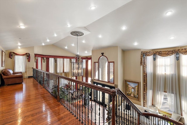 1270 John R Rd, Rochester Hills, MI 48307 - hallway featuring an upstairs landing, wood finished floors, recessed lighting, a chandelier, and vaulted ceiling