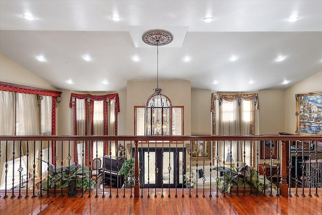 1270 John R Rd, Rochester Hills, MI 48307 - interior space featuring lofted ceiling, recessed lighting, wood finished floors, and a chandelier