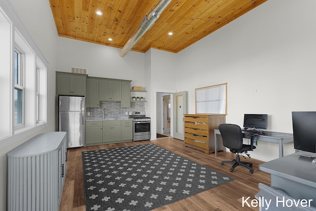 kitchen with visible vents, green cabinetry, a sink, wood ceiling, and stainless steel appliances