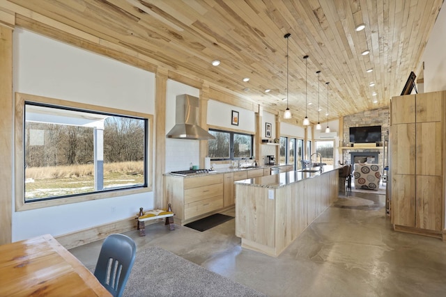 5595 Riverview Dr, Bridgeport, MI 48722 - kitchen with wall chimney exhaust hood, wooden ceiling, concrete floors, light brown cabinetry, and modern cabinets