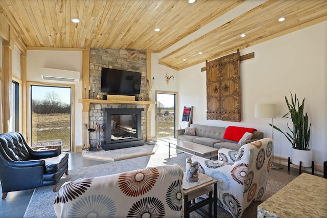 5595 Riverview Dr, Bridgeport, MI 48722 - living room featuring a wall unit AC, wooden ceiling, recessed lighting, and a fireplace