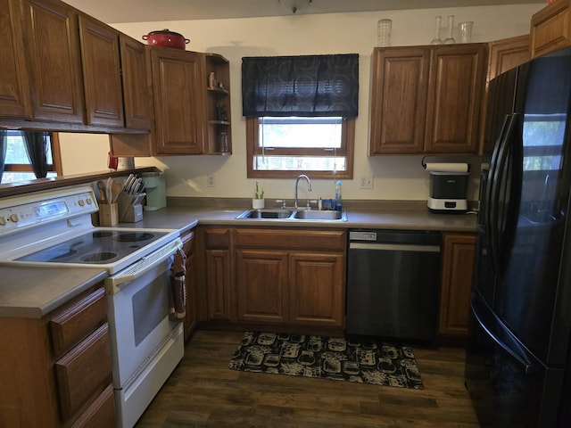 6560 Blue Lake Rd, Twin Lake, MI 49457 - kitchen featuring electric stove, dishwashing machine, black fridge with ice dispenser, a sink, and dark wood-style floors