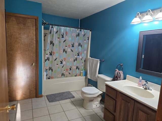6560 Blue Lake Rd, Twin Lake, MI 49457 - full bath with toilet, vanity, shower / bathtub combination with curtain, and tile patterned flooring