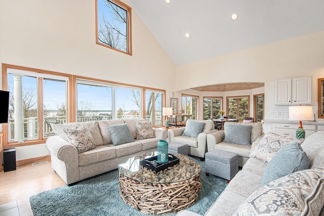 19148 Maiden Ln, Spring Lake, MI 49456 - living area featuring high vaulted ceiling, wood finished floors, and recessed lighting