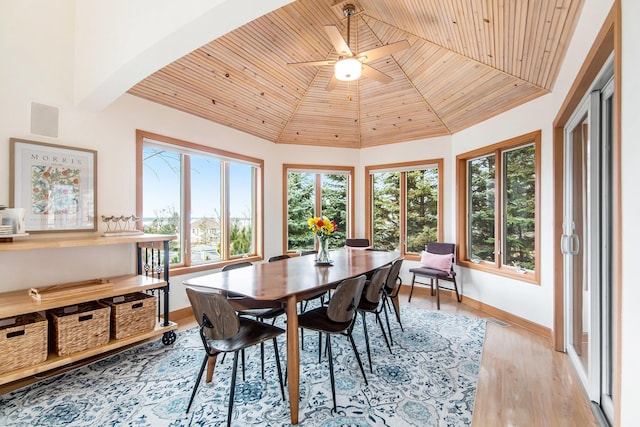 19148 Maiden Ln, Spring Lake, MI 49456 - dining room featuring wooden ceiling, vaulted ceiling, a ceiling fan, and light wood finished floors