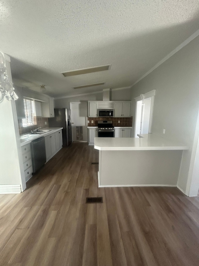 kitchen featuring dark wood-style flooring, a peninsula, appliances with stainless steel finishes, white cabinetry, and backsplash