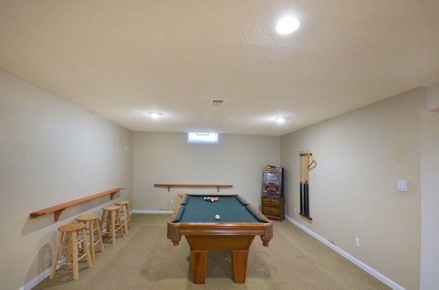 recreation room with pool table, baseboards, visible vents, and carpet floors