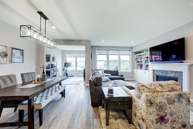 living room with wood finished floors, a wealth of natural light, and a fireplace