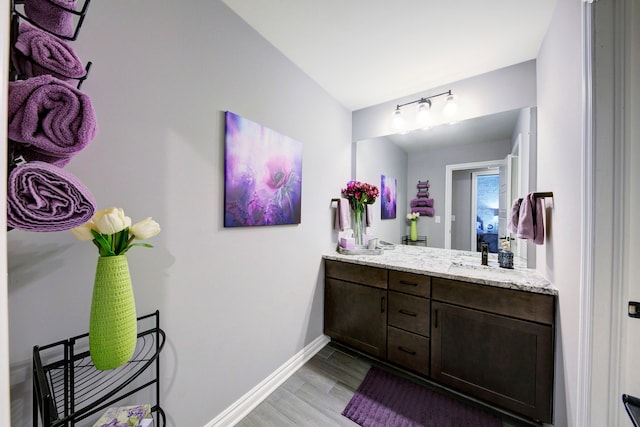 bathroom featuring double vanity, a sink, wood finished floors, and baseboards