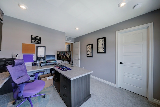office with baseboards, visible vents, light carpet, and recessed lighting