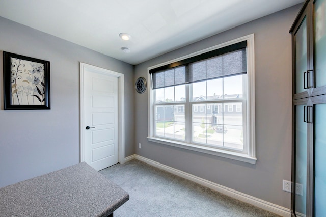 interior space featuring baseboards and light carpet