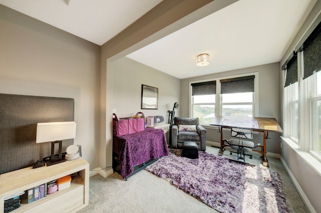 carpeted office space featuring plenty of natural light and baseboards
