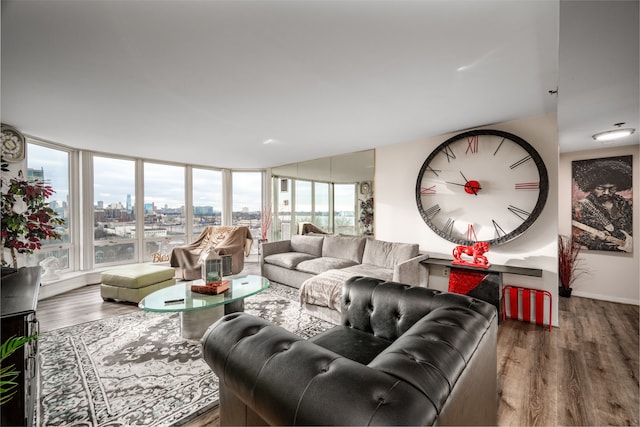 living room featuring wood finished floors and a view of city