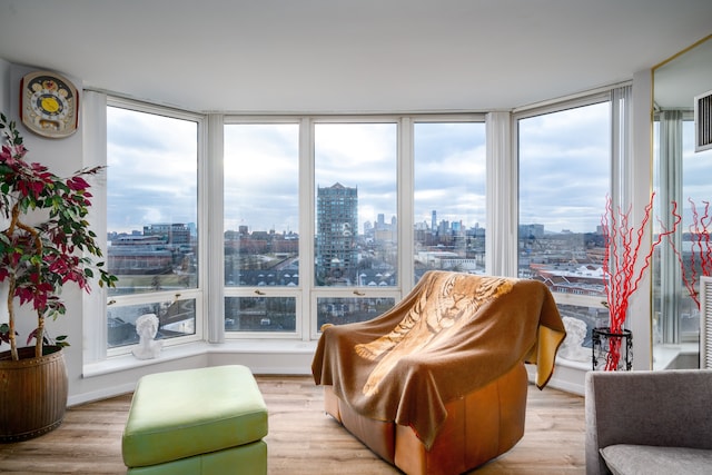 living area featuring a city view, healthy amount of natural light, and wood finished floors