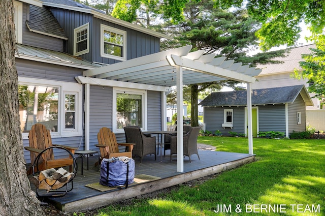 1200 Beach Dr, Holland, MI 49423 - wooden terrace with a pergola, a yard, and outdoor dining space