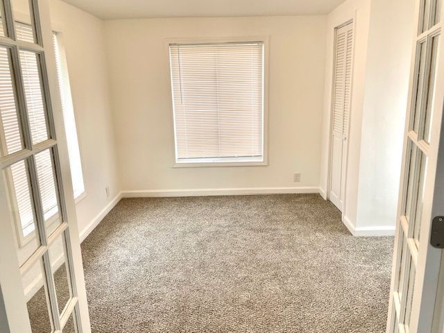 unfurnished bedroom with a closet, baseboards, and carpet flooring