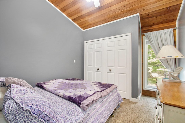 47463 Lakeview Dr, Lawrence, MI 49064 - bedroom featuring wooden ceiling, lofted ceiling, a closet, light carpet, and ceiling fan