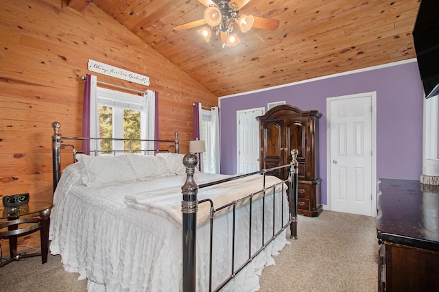 47463 Lakeview Dr, Lawrence, MI 49064 - carpeted bedroom with wooden ceiling, vaulted ceiling, wooden walls, and a ceiling fan