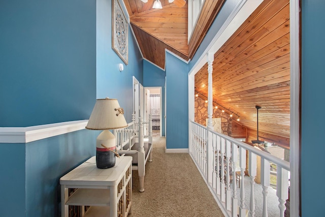 47463 Lakeview Dr, Lawrence, MI 49064 - hallway featuring carpet flooring, baseboards, a high ceiling, and wood ceiling