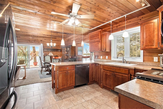 47463 Lakeview Dr, Lawrence, MI 49064 - kitchen with stainless steel fridge, wooden ceiling, dishwasher, wooden walls, and a sink