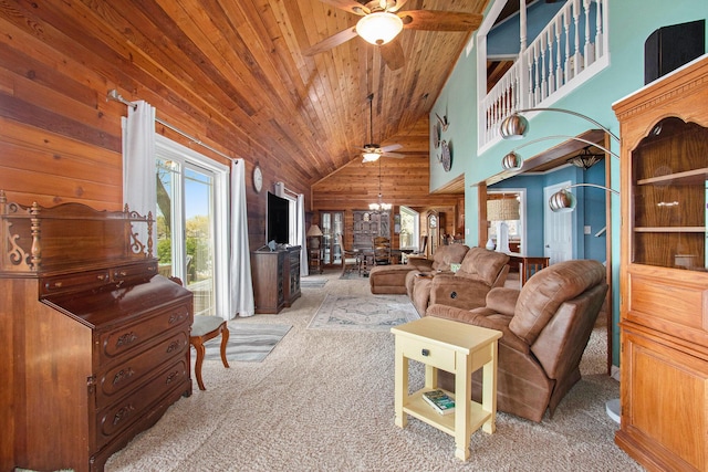47463 Lakeview Dr, Lawrence, MI 49064 - carpeted living room with ceiling fan, high vaulted ceiling, and wooden ceiling