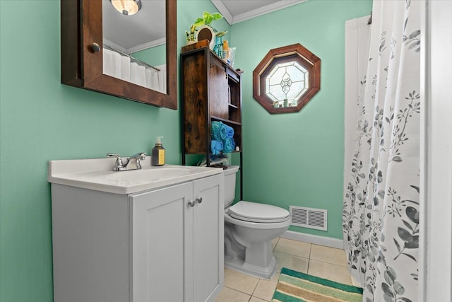 full bath featuring visible vents, toilet, crown molding, tile patterned flooring, and vanity