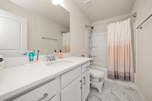 full bathroom with visible vents, marble finish floor, toilet, vanity, and shower / bath combo with shower curtain