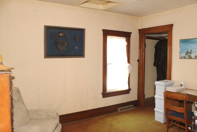 interior space featuring a textured ceiling, visible vents, and carpet