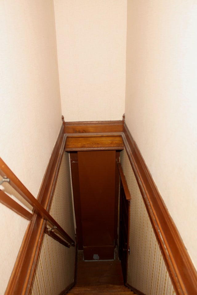 stairs featuring a wainscoted wall and wood finished floors