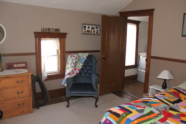 bedroom with baseboards and lofted ceiling