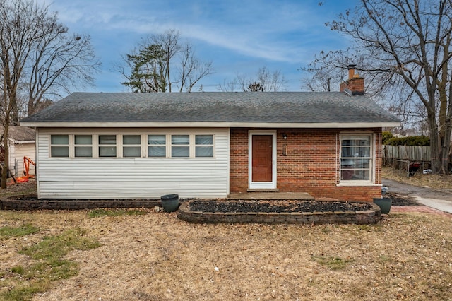 2174 Middlebelt Rd, West Bloomfield, MI 48324 - ranch-style home with brick siding, fence, roof with shingles, and a chimney