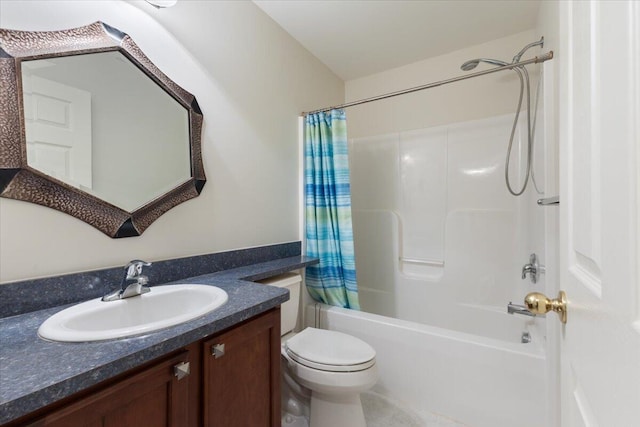 bathroom featuring vanity, toilet, and shower / bathtub combination with curtain