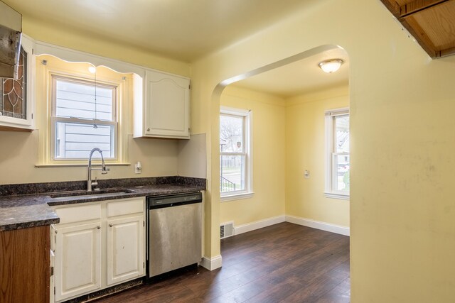 kitchen with a sink, stainless steel dishwasher, dark countertops, and a healthy amount of sunlight