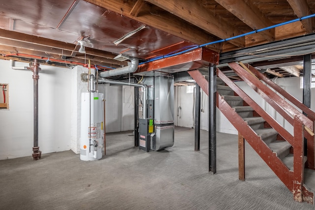 unfinished below grade area with gas water heater, heating unit, and stairs
