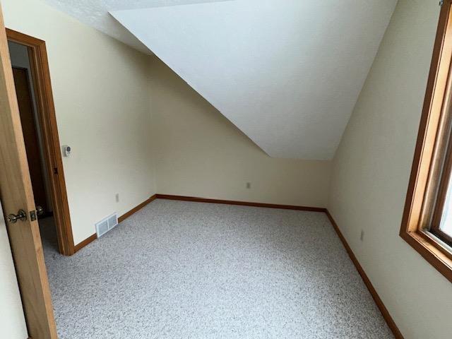 additional living space with light carpet, baseboards, visible vents, and vaulted ceiling