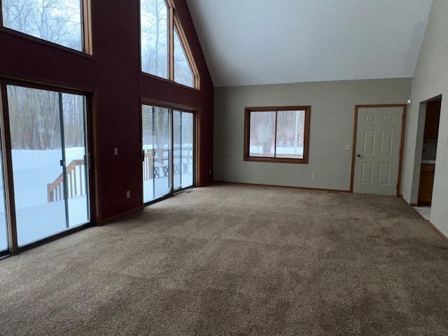 unfurnished living room featuring high vaulted ceiling and light carpet