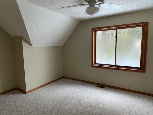 additional living space with baseboards, carpet floors, and a textured ceiling