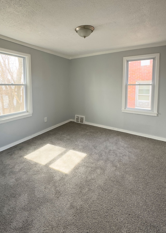 carpeted empty room featuring baseboards, visible vents, and a textured ceiling